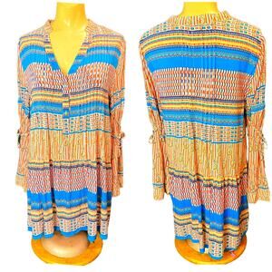 VELZERA Multi Print Babydoll Boho Bell Sleeve Mini Dress  S